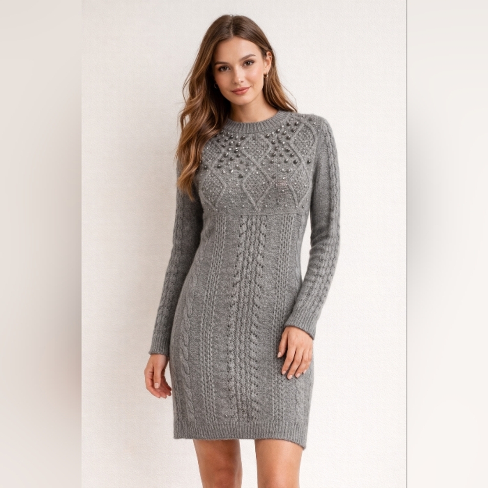 Kenar Sweater Dress with Rhinestones Embellishments 100% Merino Wool Gray XS